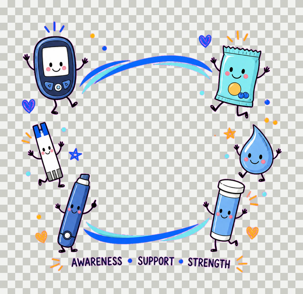 1 Diabetes Awareness Doodles PNG, Smiling Care Characters Retro Sublimation Design, Awareness Support Frame Shirt Clipart Download PNG File transparency and detail preview thumbnail