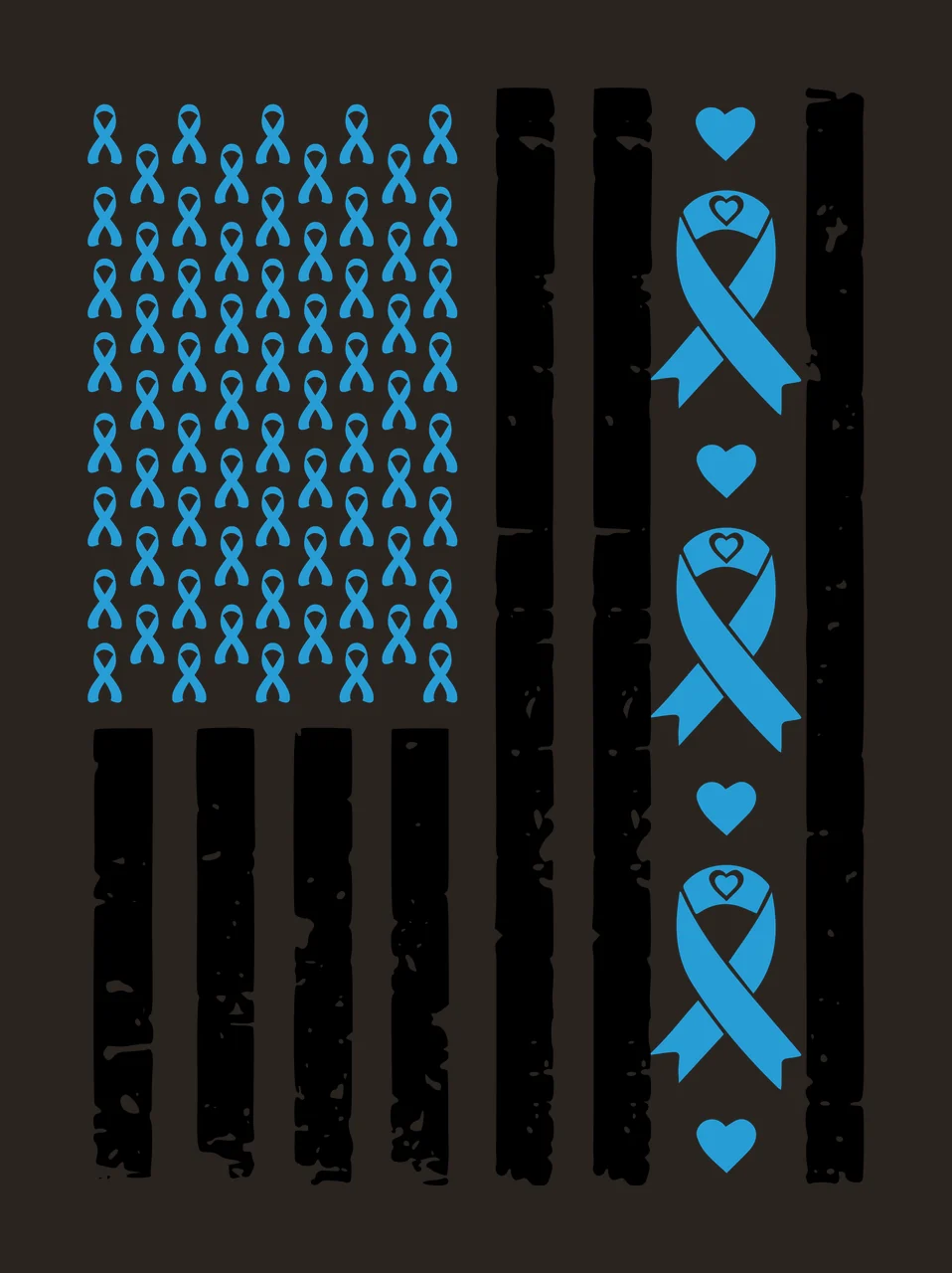American flag motif with blue awareness ribbons and hearts Illustration with black distressed vertical stripes and grid of blue awareness ribbons in white contrast preview thumbnail