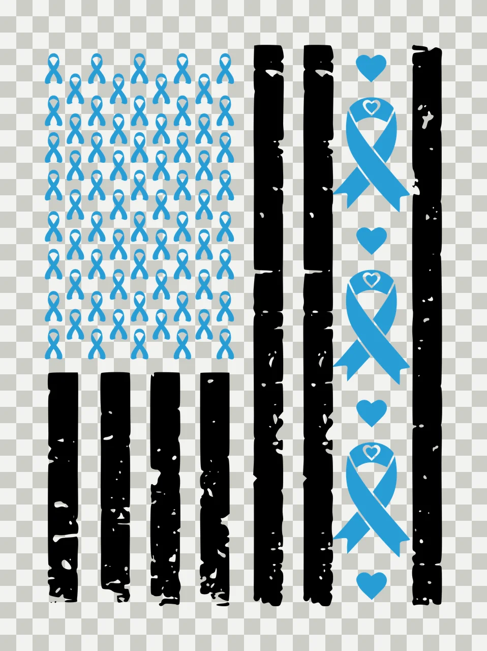 American flag motif with blue awareness ribbons and hearts Illustration with black distressed vertical stripes and grid of blue awareness ribbons in white transparency and detail preview thumbnail
