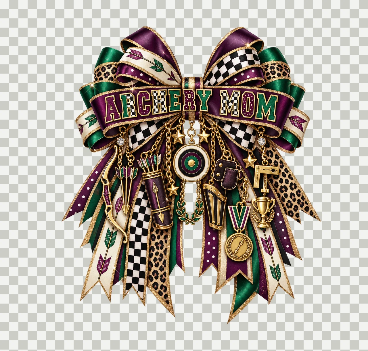 Archery Mom Bow Charm PNG, Patterned Varsity Mom Ribbon Clipart, Transparent Sublimation Digital Download transparency and detail preview thumbnail