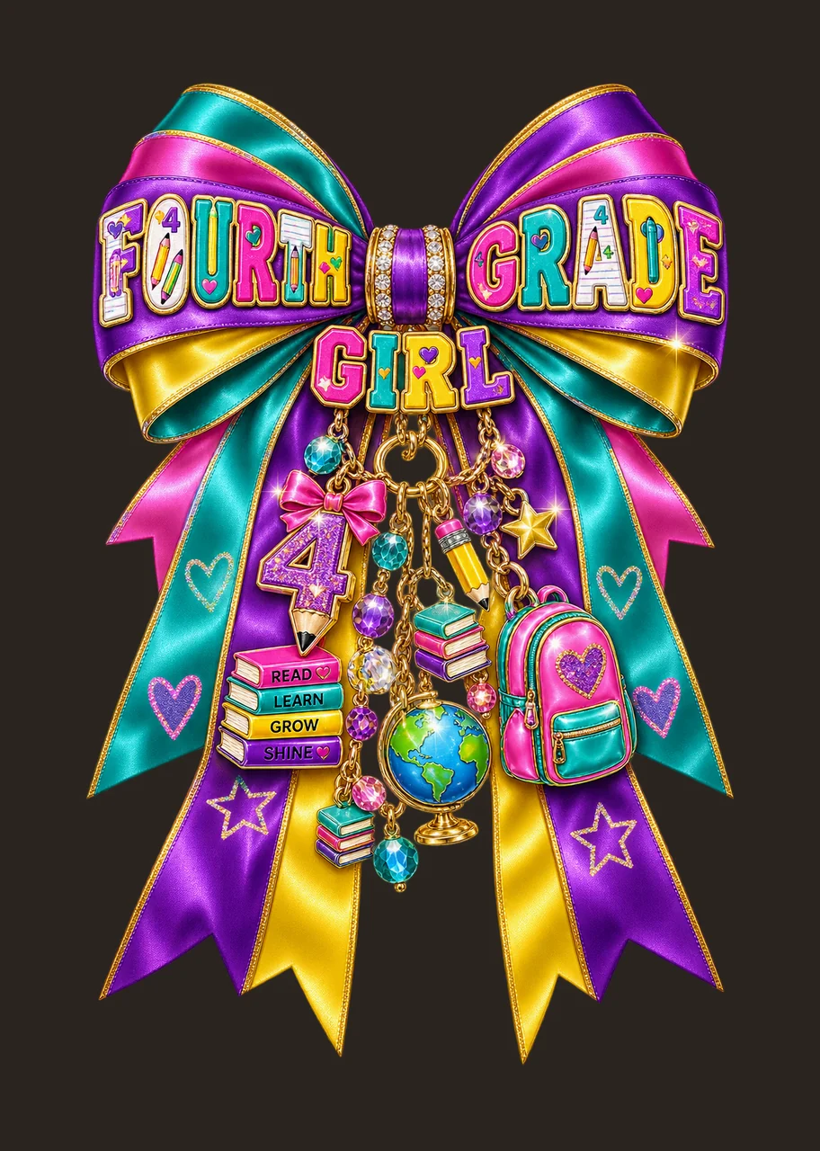 Fourth Grade Girl Bow Charm PNG, Coquette Ribbon Sublimation, Transparent Digital Download contrast preview thumbnail
