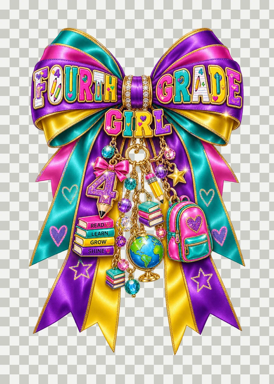 Fourth Grade Girl Bow Charm PNG, Coquette Ribbon Sublimation, Transparent Digital Download transparency and detail preview thumbnail
