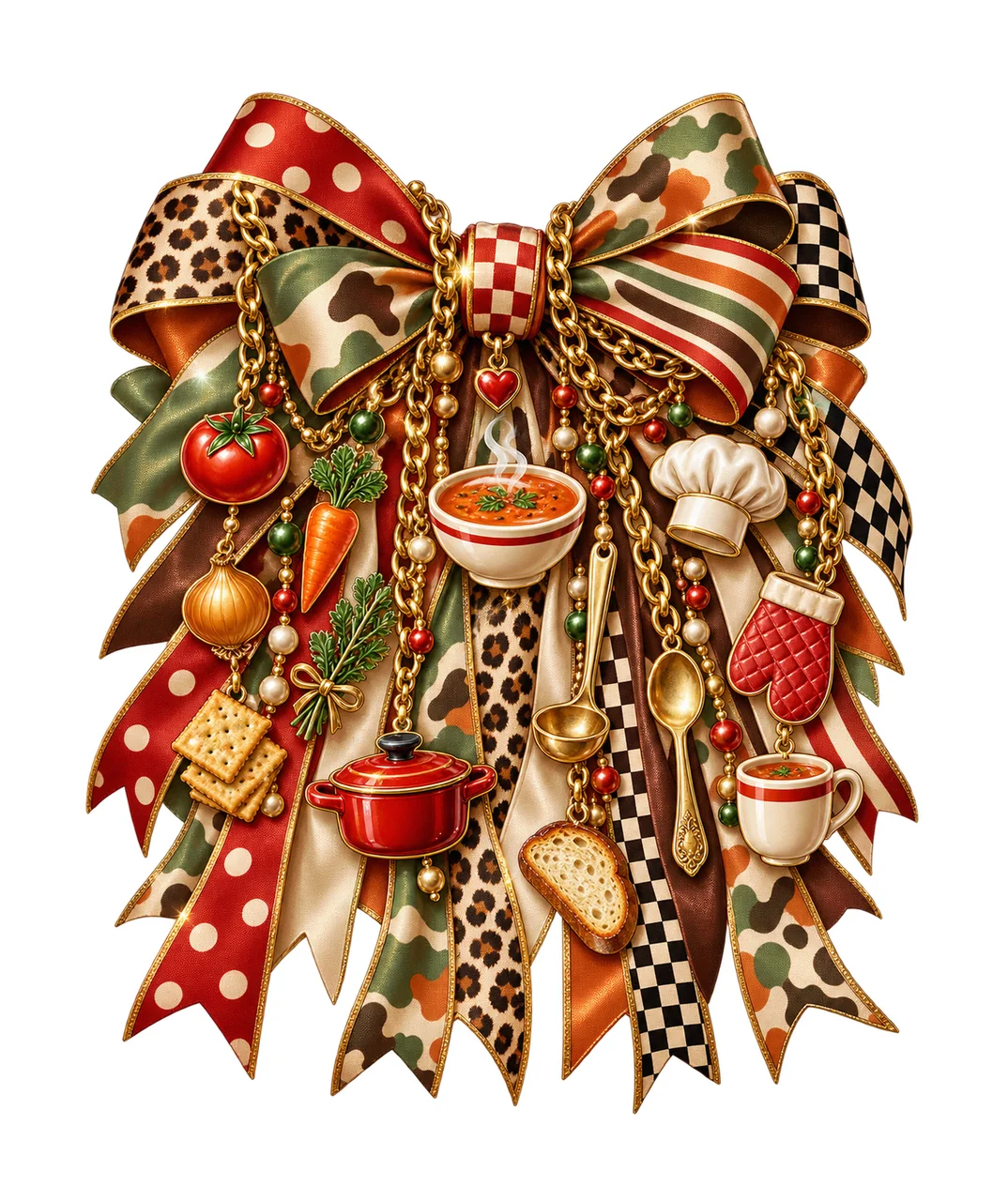 Soup Lover Bow Charm PNG, Soup Bowl Ladle Vegetables and Pot Charms, Comfort Food Sublimation Design, Transparent Download