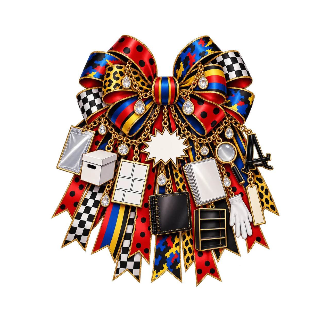Comic Book Collector Bow Charm PNG, Gold Chain Charms, Transparent Sublimation Design, Digital Download