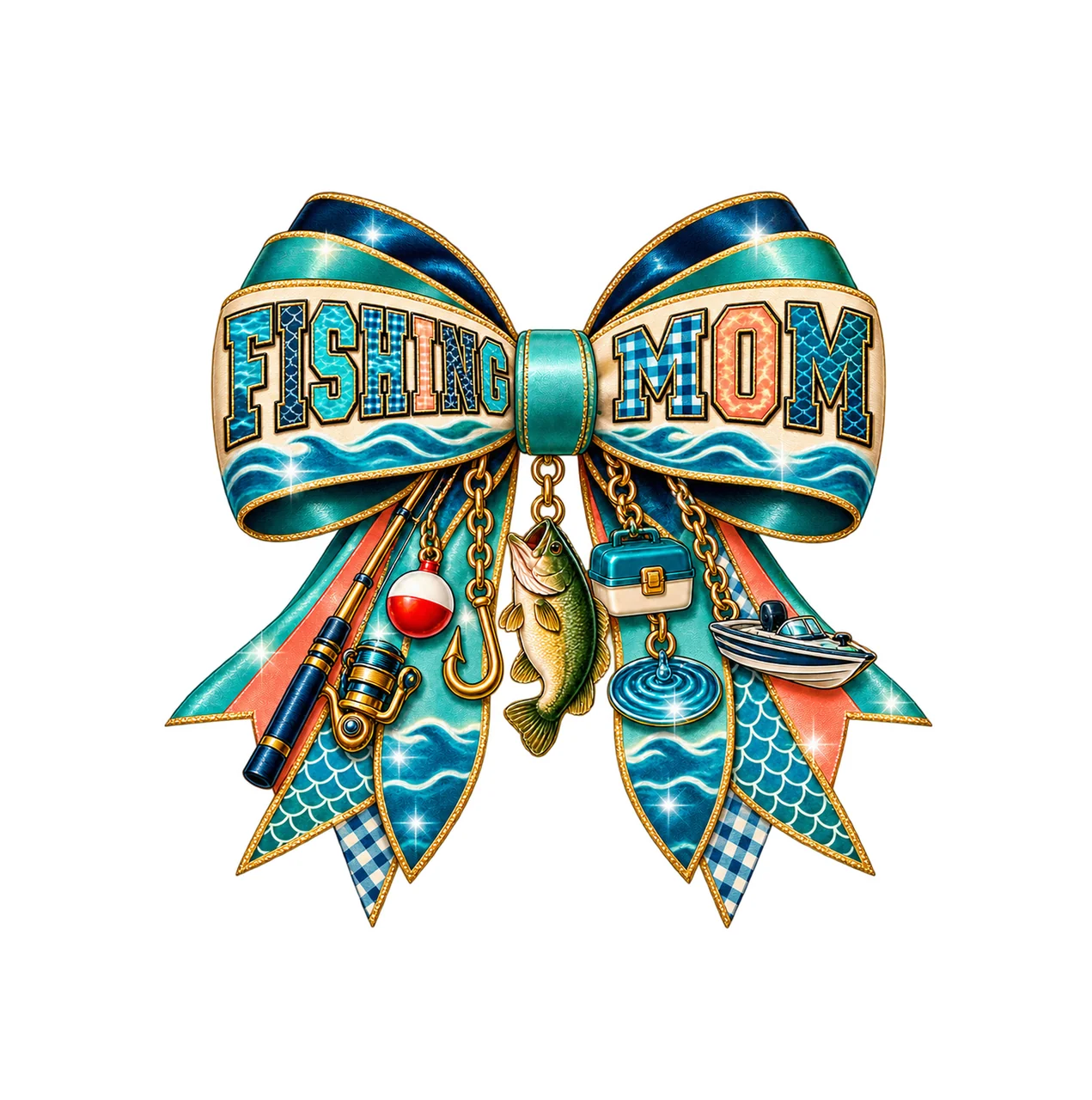 Fishing Mom Bow Charm PNG, Patterned Varsity Mom Ribbon Clipart, Transparent Sublimation Digital Download