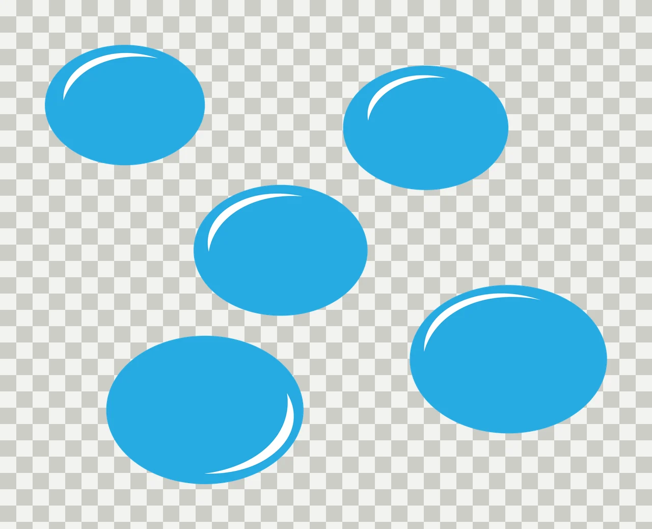 Water droplets Illustration with five oval shapes and white highlights in blue transparency and detail preview thumbnail