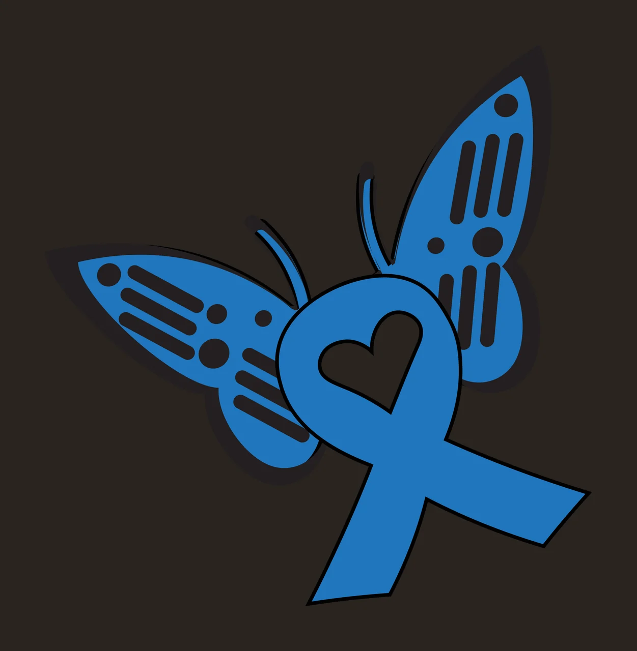 Blue ribbon with heart and butterfly wings Illustration with white heart, black outlines, black dots and black stripes contrast preview thumbnail