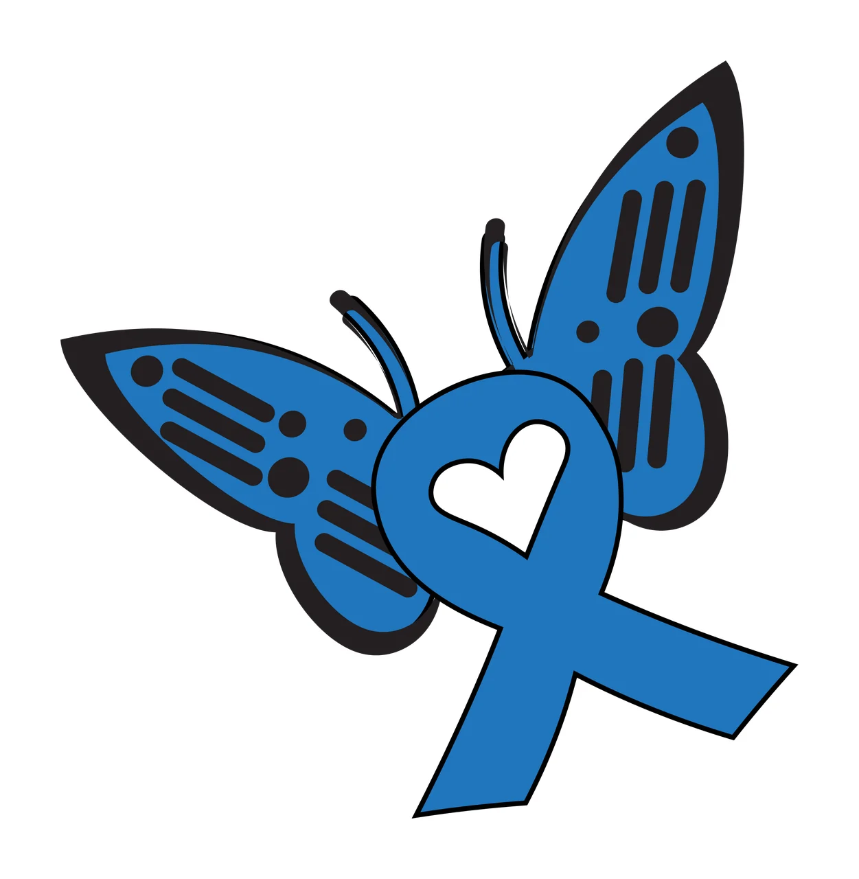 Blue ribbon with heart and butterfly wings Illustration with white heart, black outlines, black dots and black stripes