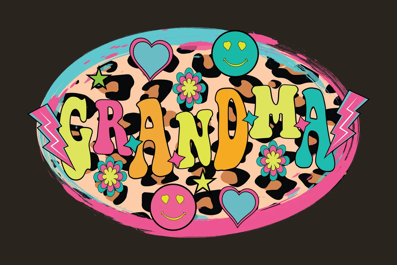GRANDMA Typography Design with GRANDMA text, leopard print background, pink and teal oval brushstroke border and two smiley faces with heart eyes in yellow contrast preview thumbnail