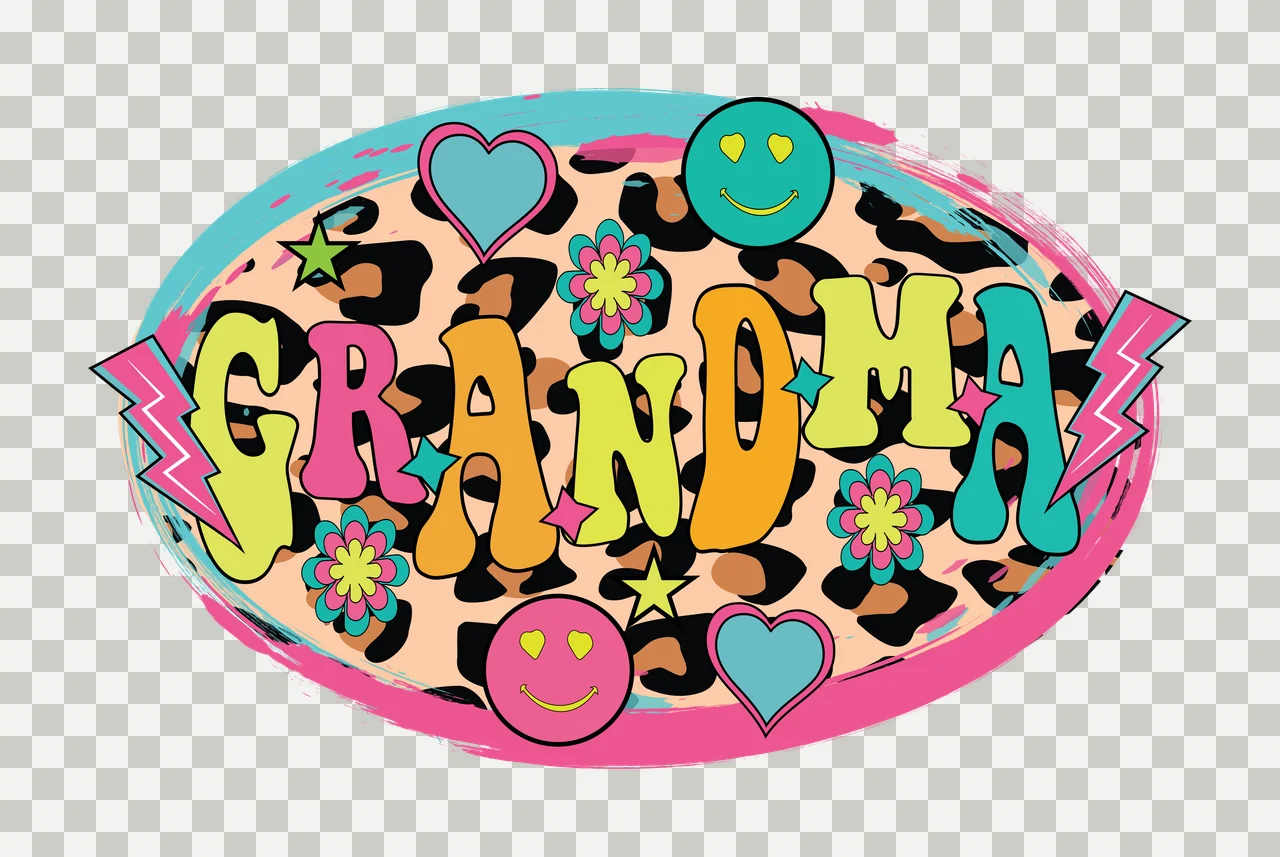 GRANDMA Typography Design with GRANDMA text, leopard print background, pink and teal oval brushstroke border and two smiley faces with heart eyes in yellow transparency and detail preview thumbnail