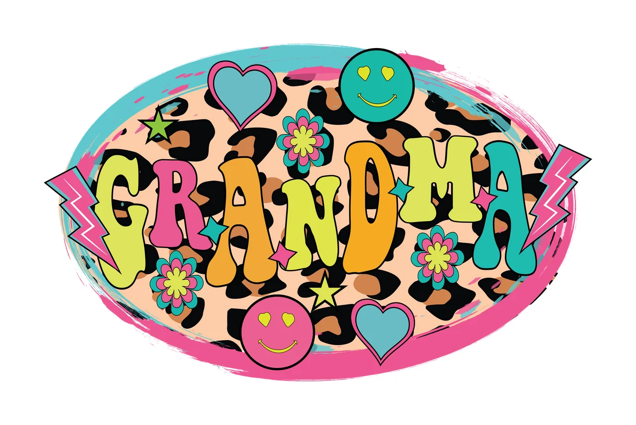 GRANDMA Typography Design with GRANDMA text, leopard print background, pink and teal oval brushstroke border and two smiley faces with heart eyes in yellow
