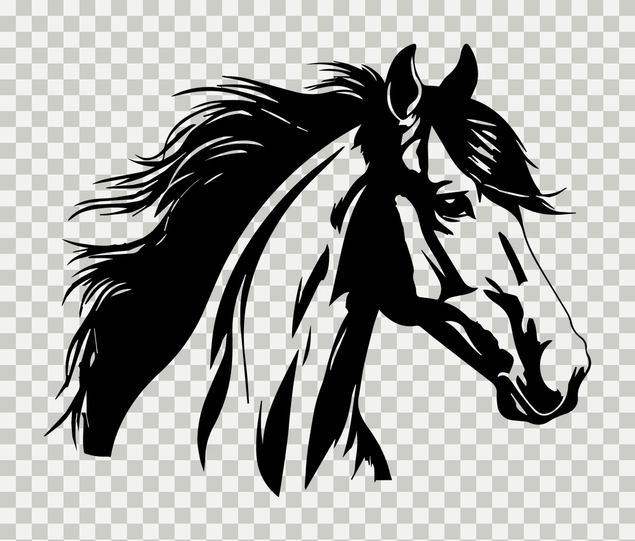 Horse Head Silhouette In Black Ink viewing mane ear eye snout transparency and detail preview thumbnail