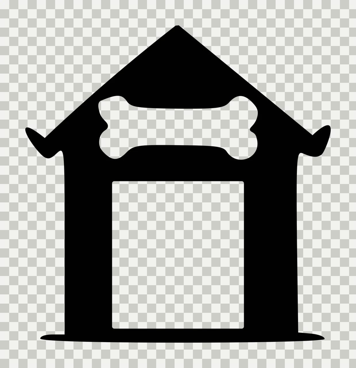 Black doghouse silhouette with white bone cutout Illustration with rectangular doorway transparency and detail preview thumbnail