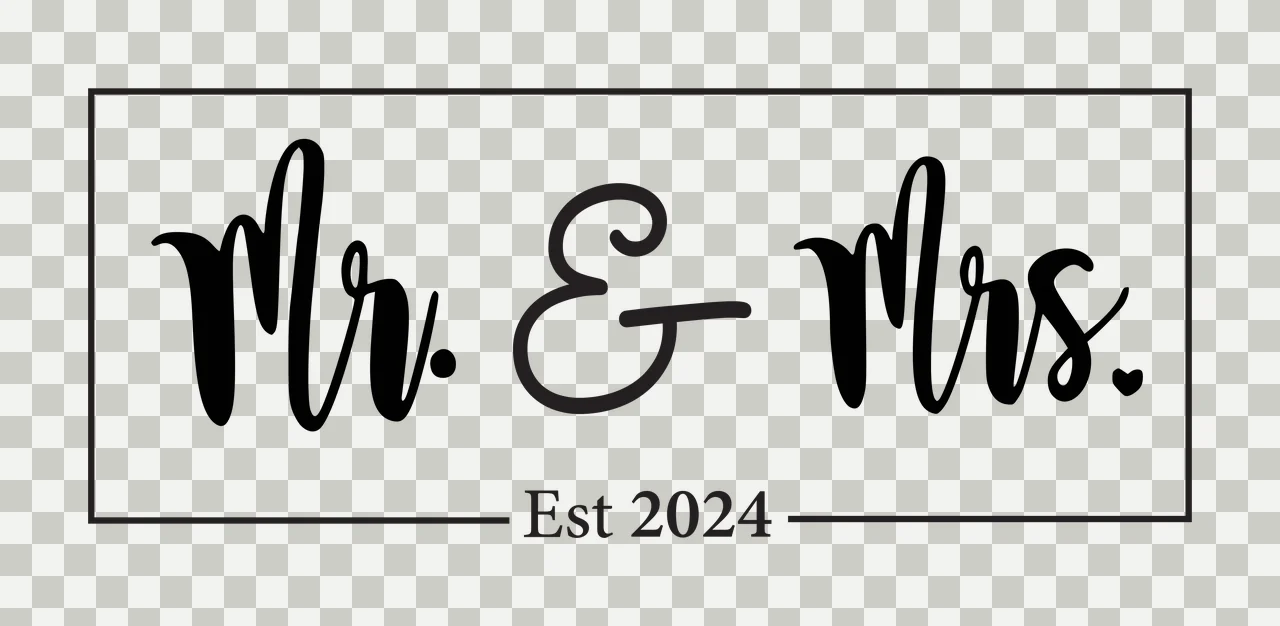 Mr. & Mrs. Est 2024 Rectangular monochrome sign Design with black script text, thin black rectangle border, horizontal lines and periods in white transparency and detail preview thumbnail
