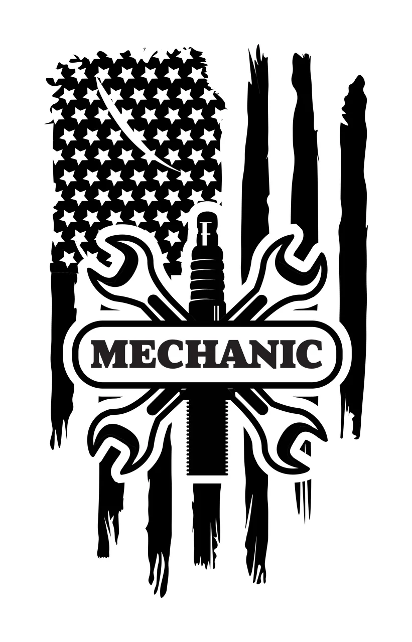 Mechanic Logo Wrench And Spark Plug crossed wrenches flag stars