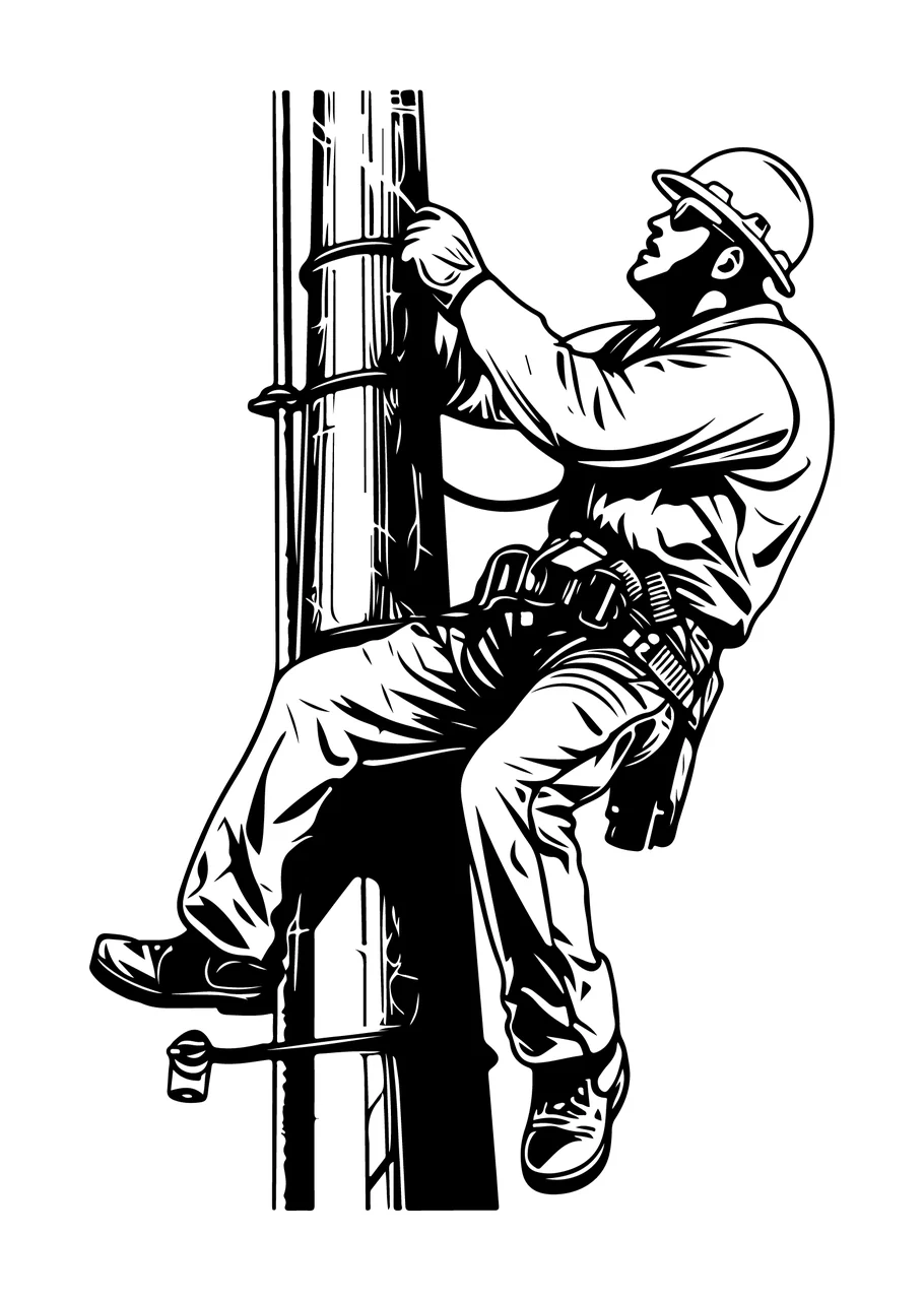 Black Silhouette Worker Climbing Pole harness helmet white