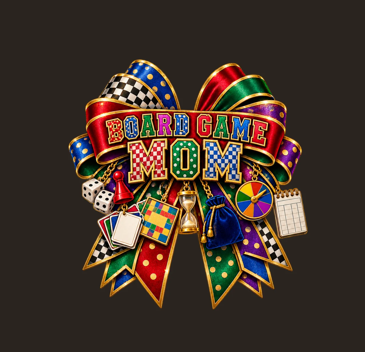 Board Game Mom Bow Charm PNG, Patterned Varsity Mom Ribbon Clipart, Transparent Sublimation Digital Download contrast preview thumbnail