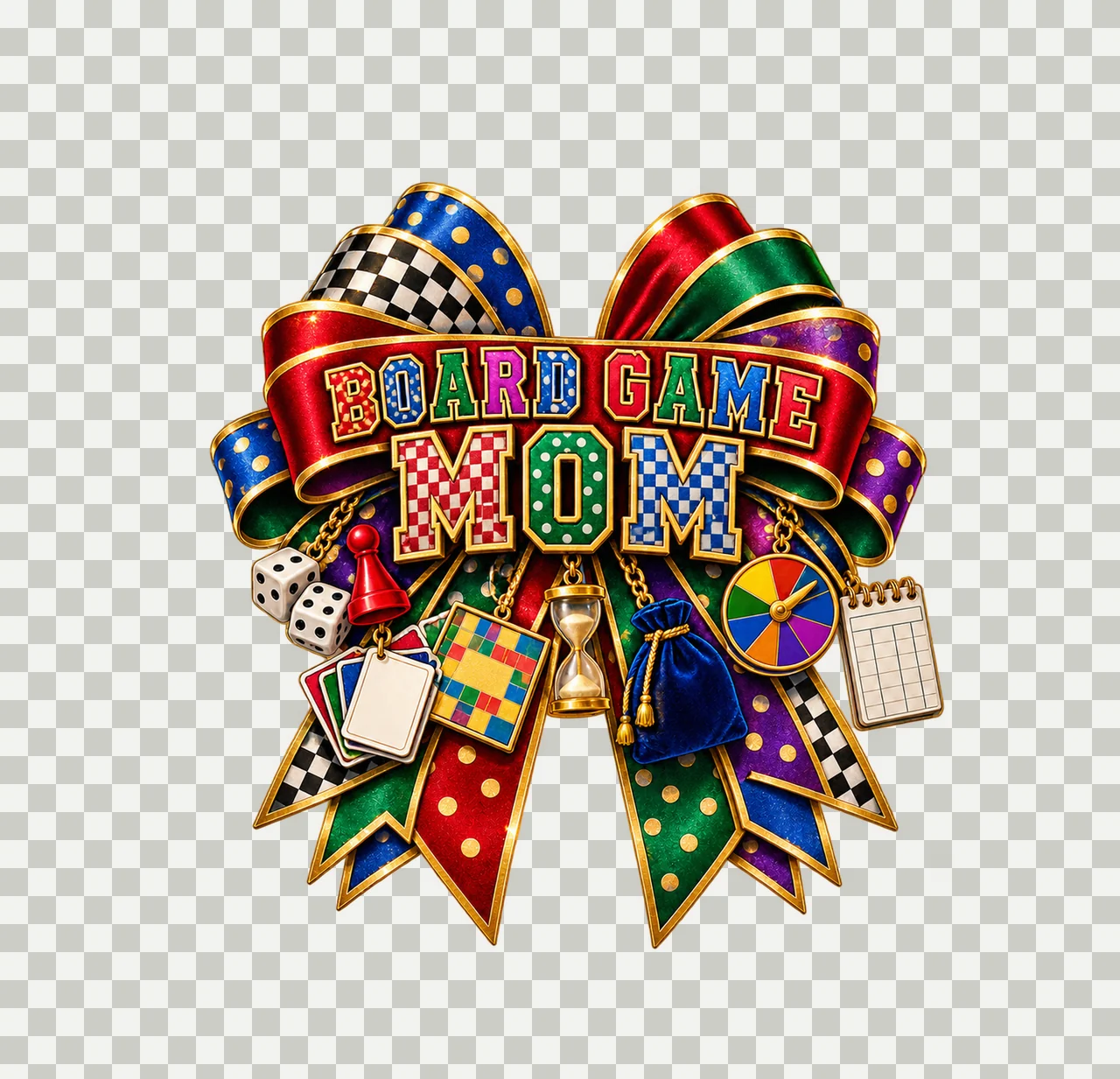 Board Game Mom Bow Charm PNG, Patterned Varsity Mom Ribbon Clipart, Transparent Sublimation Digital Download transparency and detail preview thumbnail