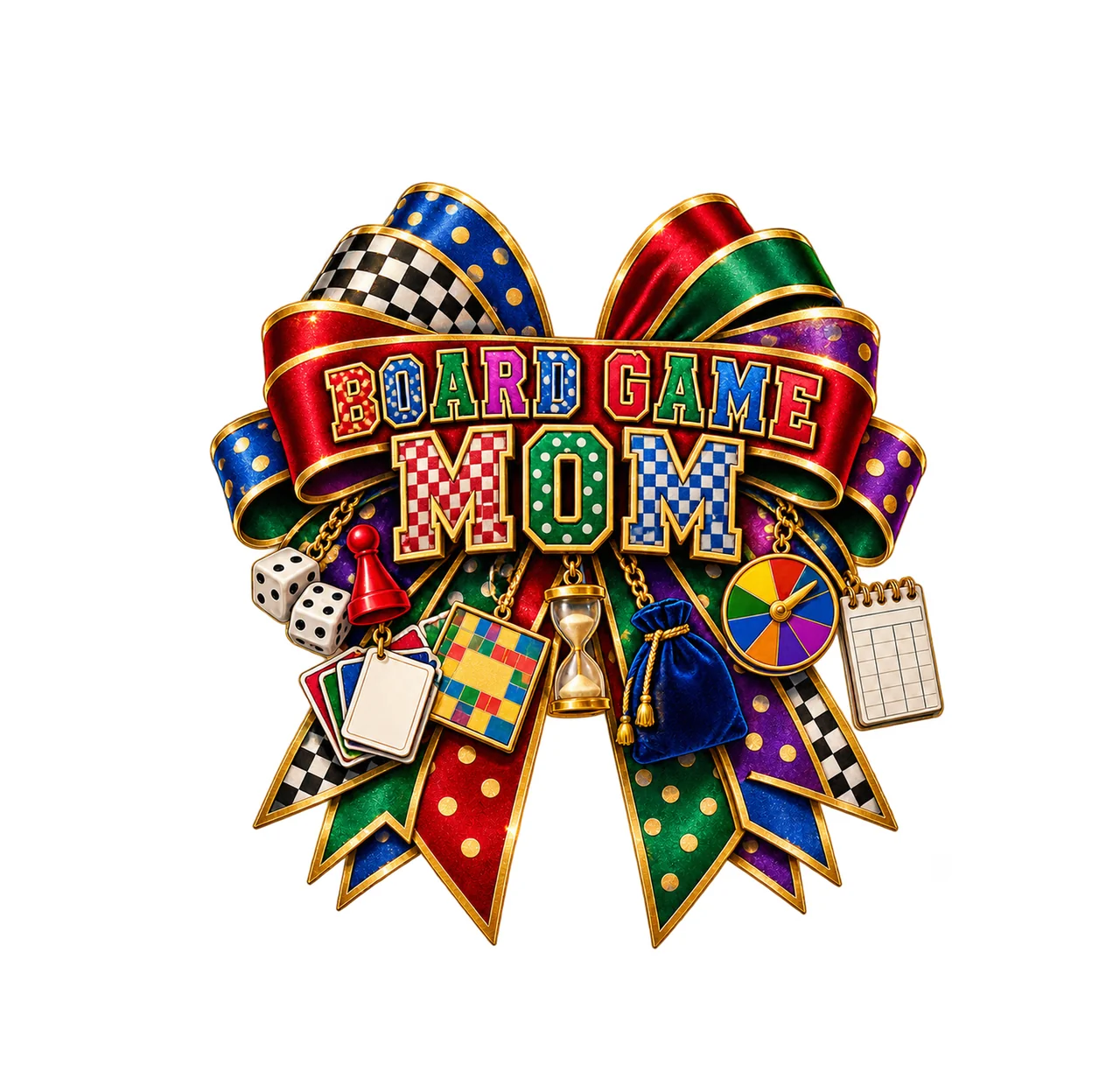 Board Game Mom Bow Charm PNG, Patterned Varsity Mom Ribbon Clipart, Transparent Sublimation Digital Download