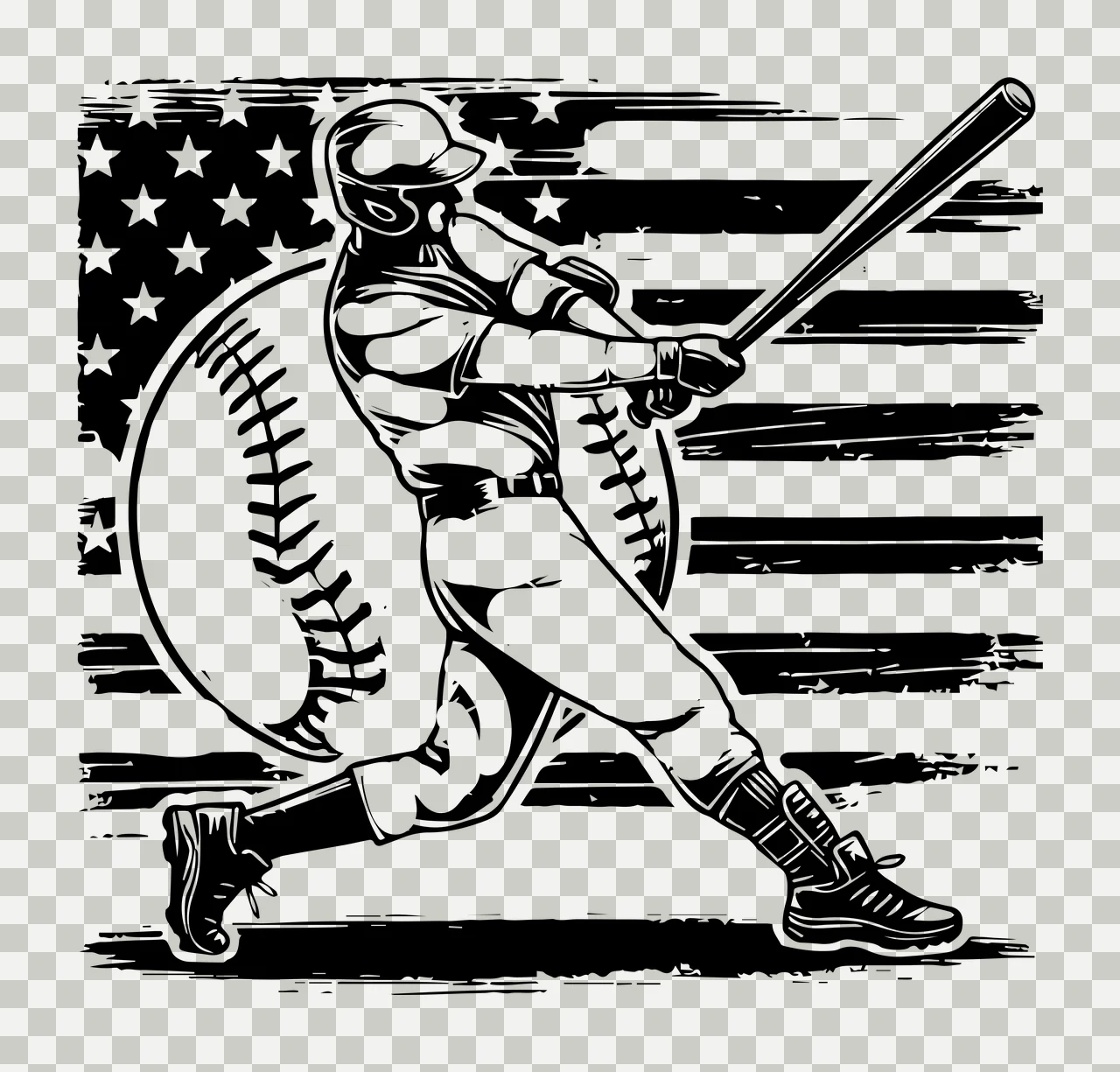 Baseball Player Flag Player Swinging Over bat black white sports transparency and detail preview thumbnail