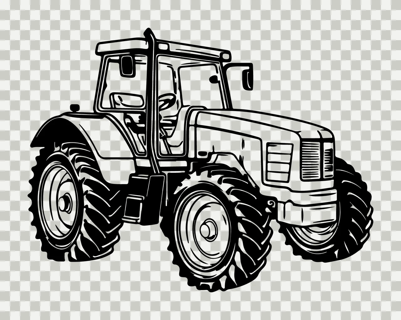 Black And White Tractor Illustration wheels cabin tires engine transparency and detail preview thumbnail