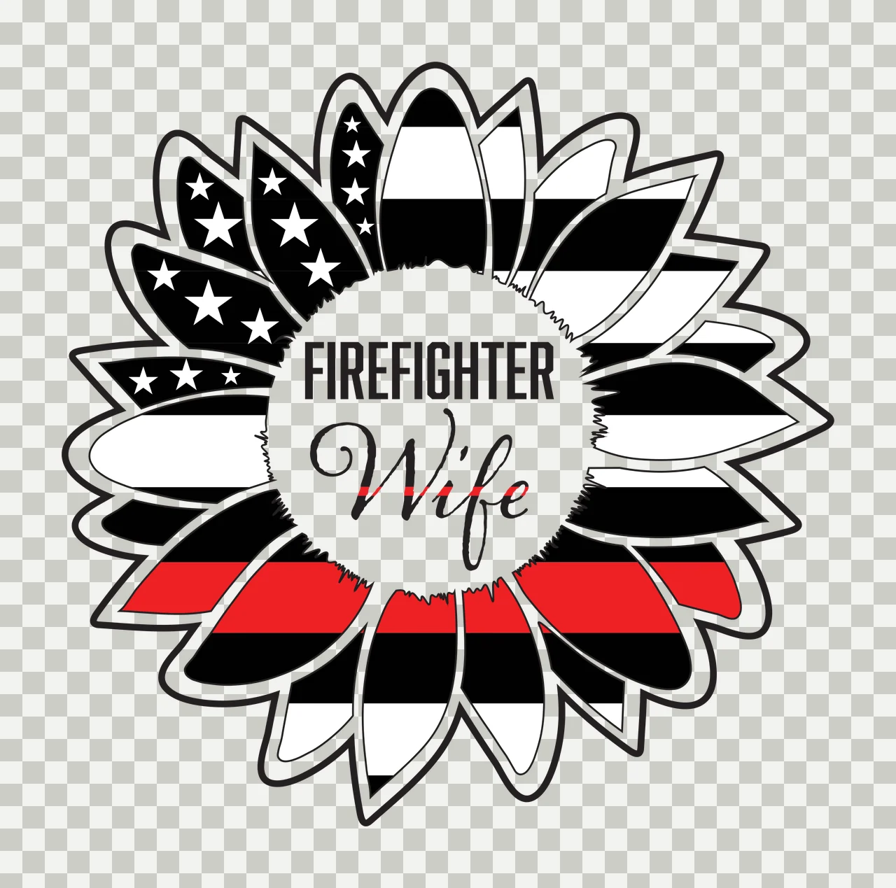 FIREFIGHTER Wife sunflower emblem Design with stars, stripes, red line and text in black and white transparency and detail preview thumbnail