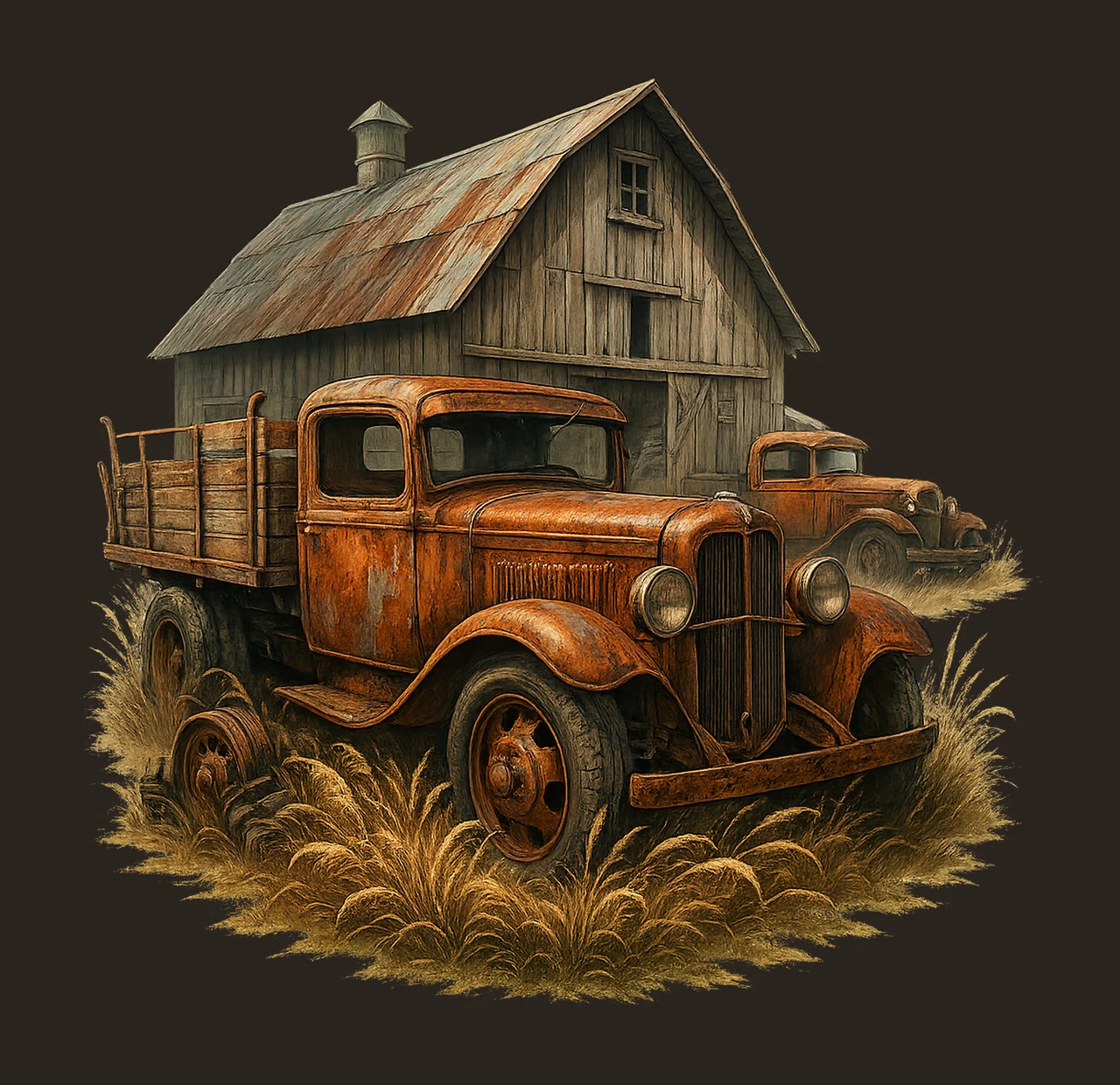 Old Rusted Antique Truck Rural Barn Watercolor Artwork contrast preview thumbnail