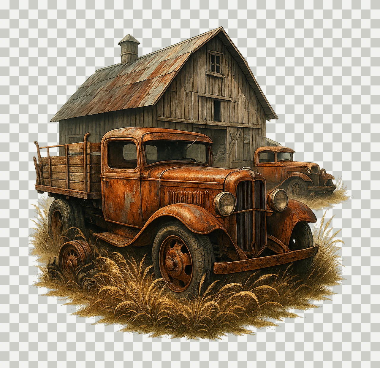 Old Rusted Antique Truck Rural Barn Watercolor Artwork transparency and detail preview thumbnail