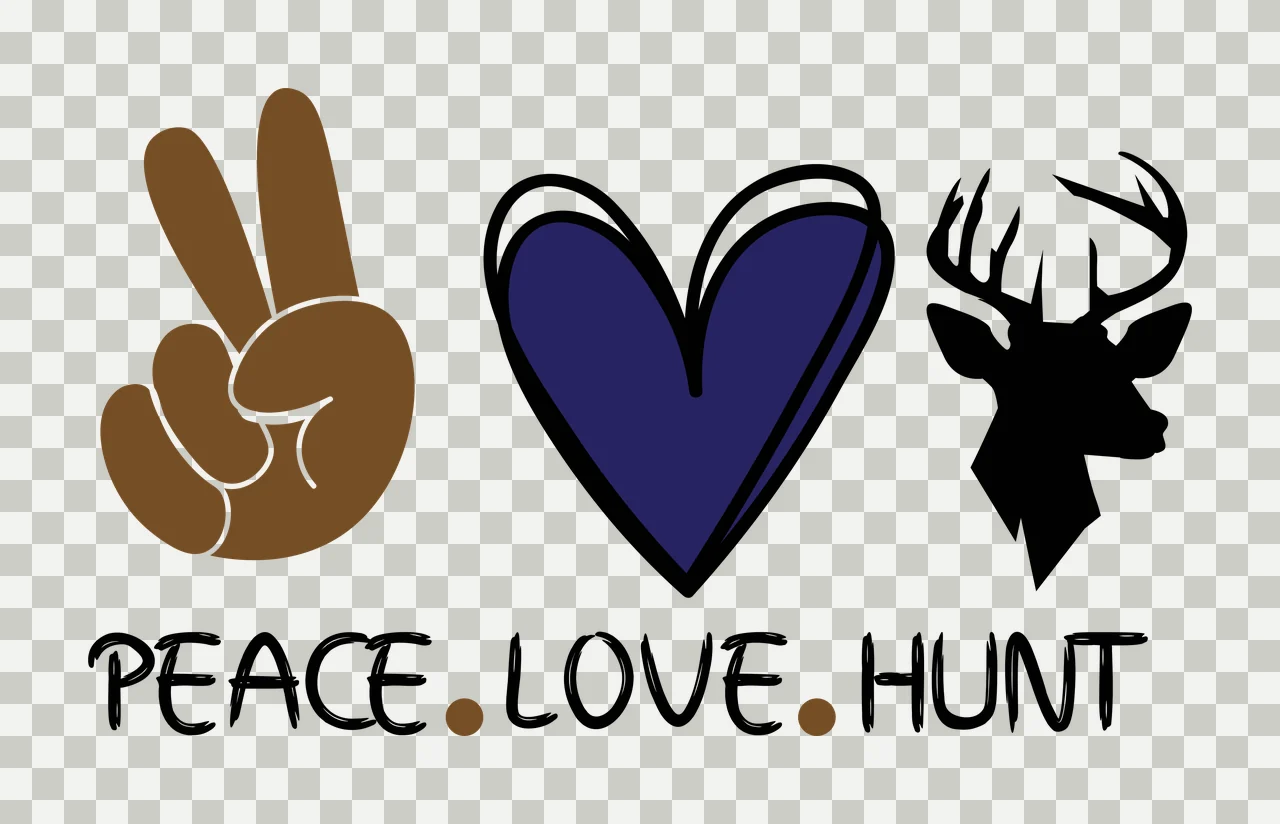 PEACE.LOVE.HUNT Peace, Love, Hunt Design with brown peace sign hand, purple heart with black outline, black deer head with antlers and text PEACE LOVE HUNT transparency and detail preview thumbnail