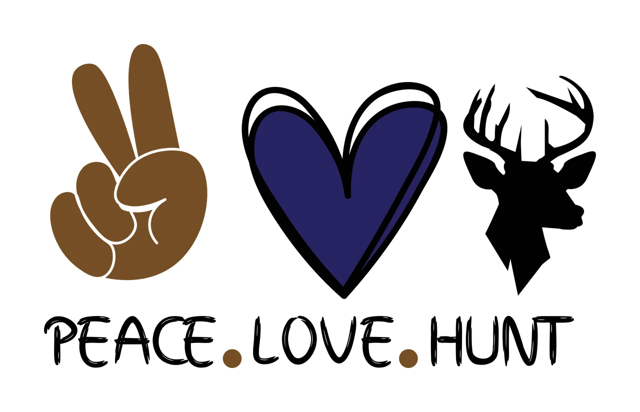 PEACE.LOVE.HUNT Peace, Love, Hunt Design with brown peace sign hand, purple heart with black outline, black deer head with antlers and text PEACE LOVE HUNT