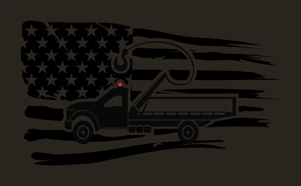 Tow Truck Silhouette with Extended Hook Positioned Over Distressed American Flag Graphic, Black and White Patriotic Vehicle Design contrast preview thumbnail