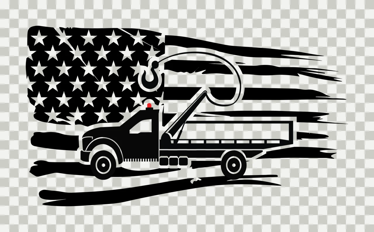 Tow Truck Silhouette with Extended Hook Positioned Over Distressed American Flag Graphic, Black and White Patriotic Vehicle Design transparency and detail preview thumbnail