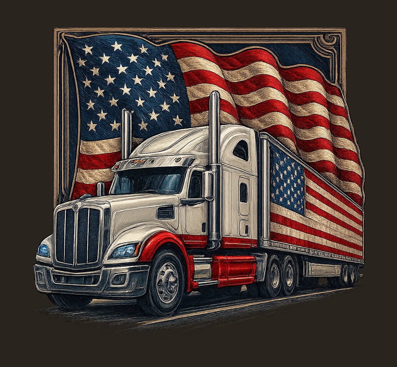 Semi Truck Flag American Flag Watercolor Artwork Patriotic contrast preview thumbnail