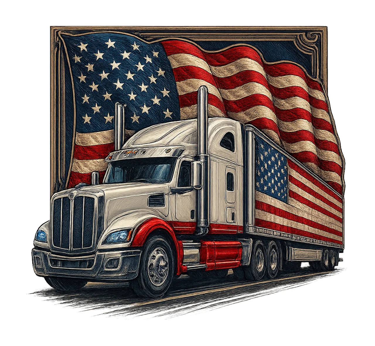 Semi Truck Flag American Flag Watercolor Artwork Patriotic