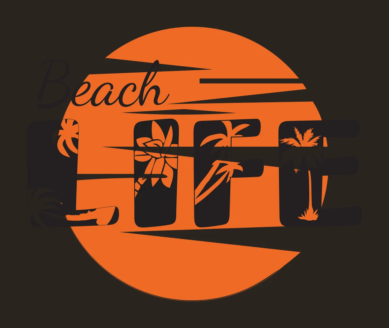 Beach LIFE Beach Life logo design with orange circular sunset background, black bold letters L I F E, palm tree silhouettes inside letters and flower silhouette inside letter I in white contrast preview thumbnail