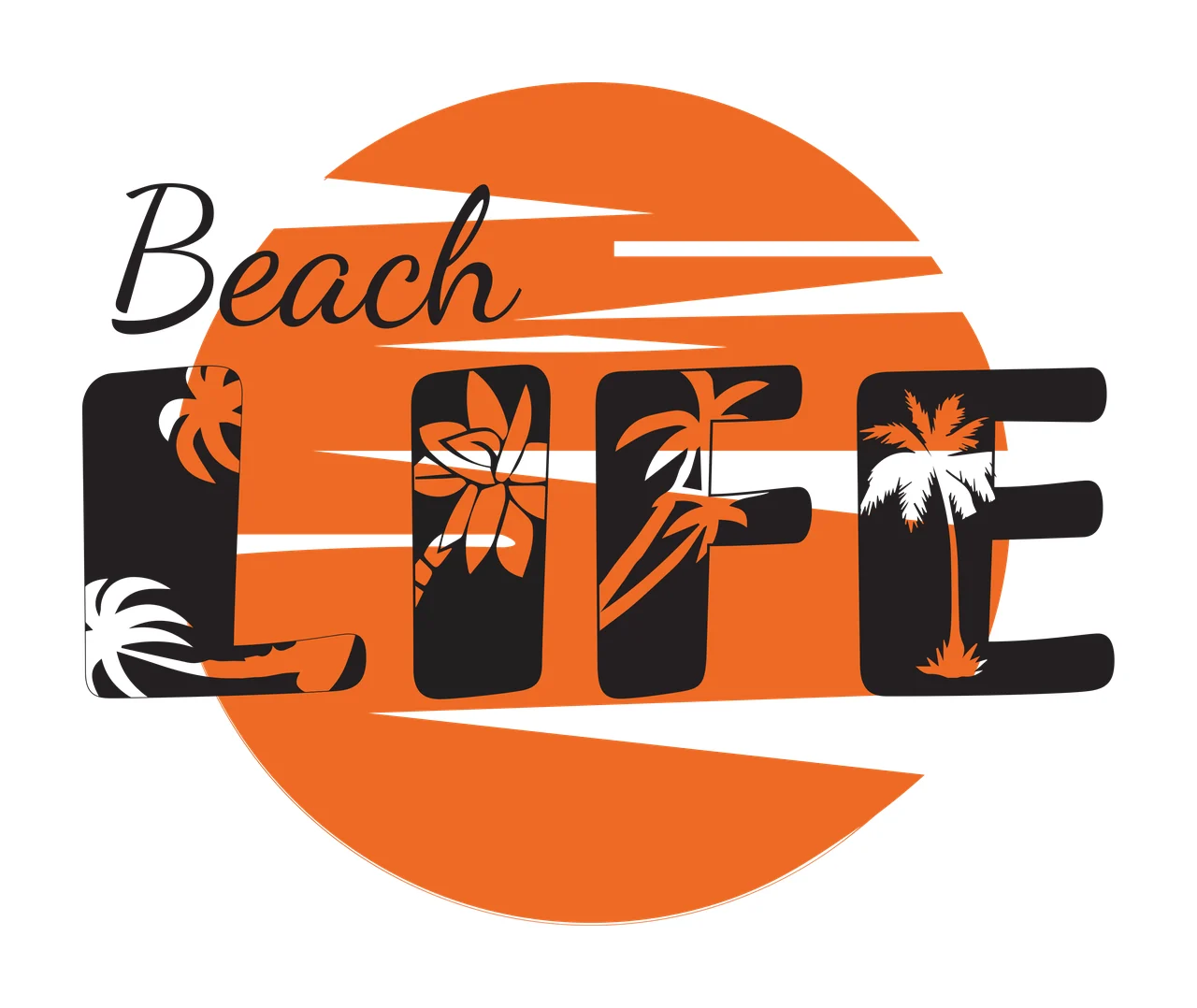 Beach LIFE Beach Life logo design with orange circular sunset background, black bold letters L I F E, palm tree silhouettes inside letters and flower silhouette inside letter I in white