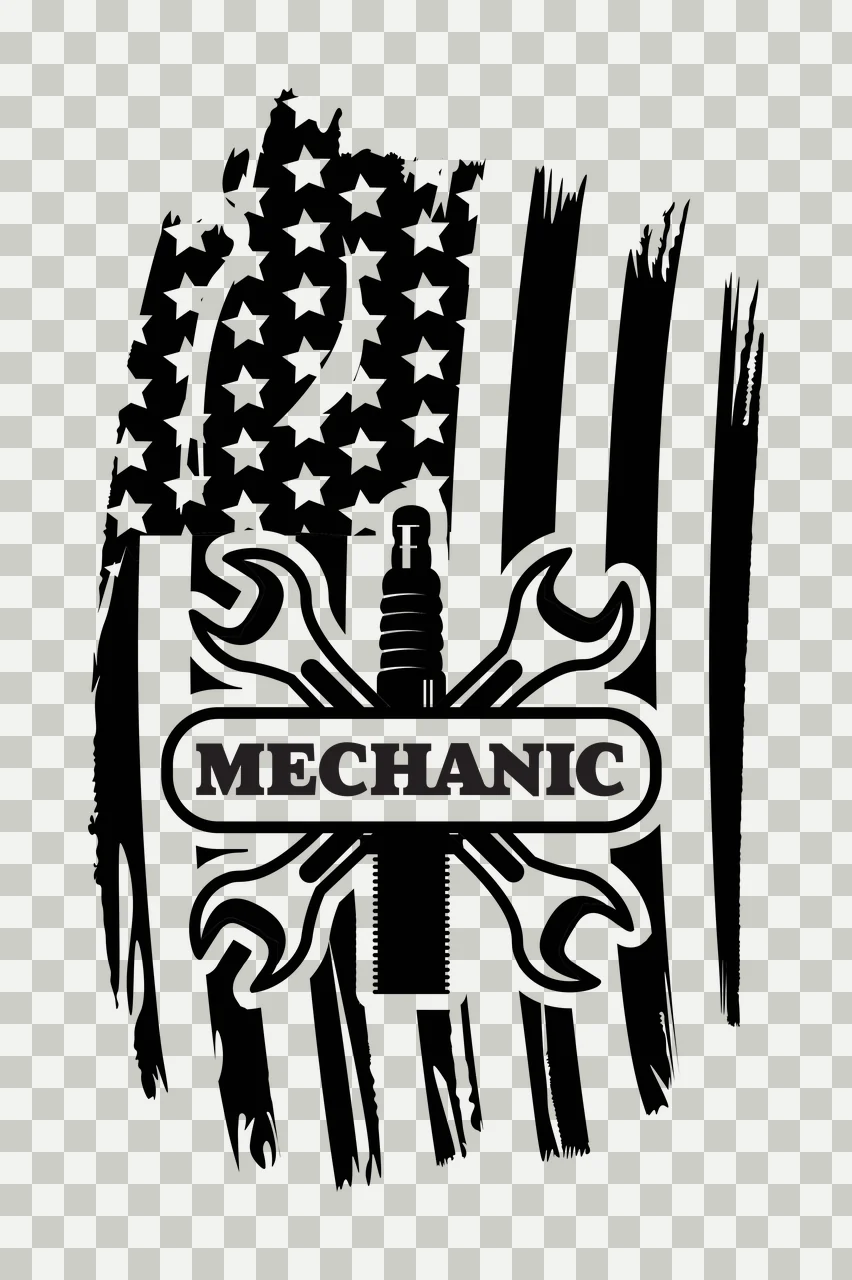 Mechanic Wrenches Over Spark Plug Flag and crossing distressed graphic transparency and detail preview thumbnail
