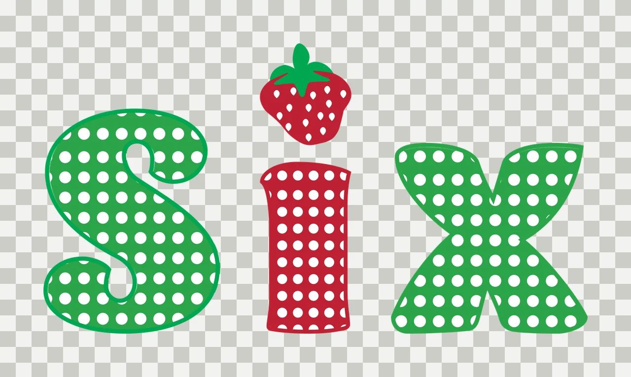 SIX Typography Design with green letter S, red letter I, strawberry icon and polka dot pattern in white transparency and detail preview thumbnail