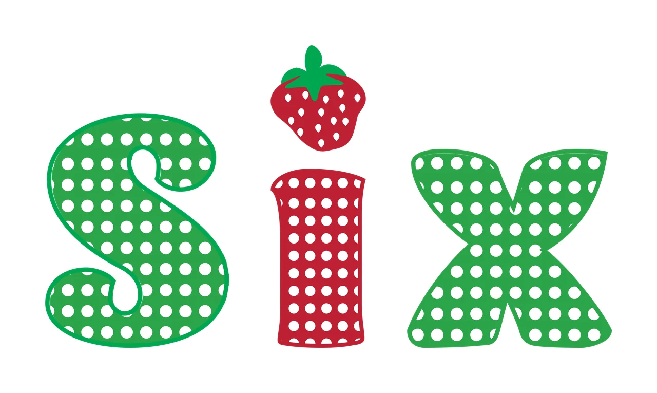 SIX Typography Design with green letter S, red letter I, strawberry icon and polka dot pattern in white