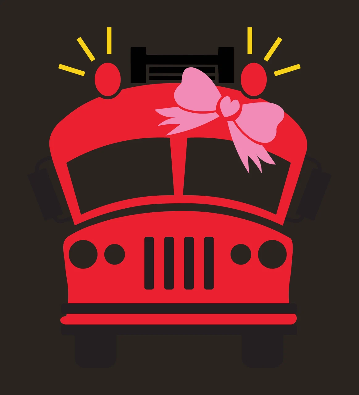 Red fire truck Illustration with pink bow, heart center, flashing lights and yellow rays contrast preview thumbnail