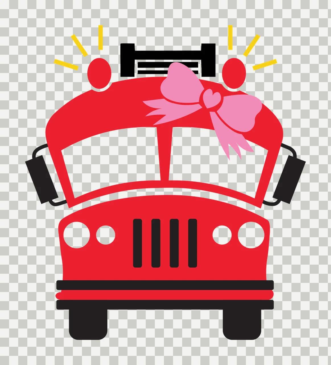 Red fire truck Illustration with pink bow, heart center, flashing lights and yellow rays transparency and detail preview thumbnail