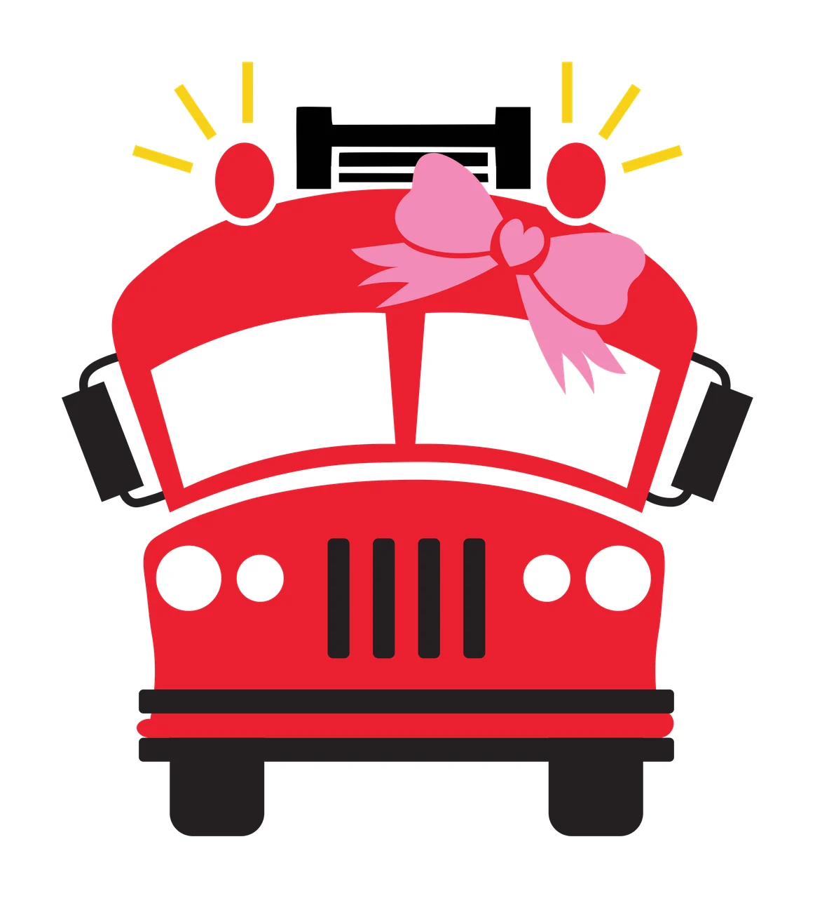 Red fire truck Illustration with pink bow, heart center, flashing lights and yellow rays