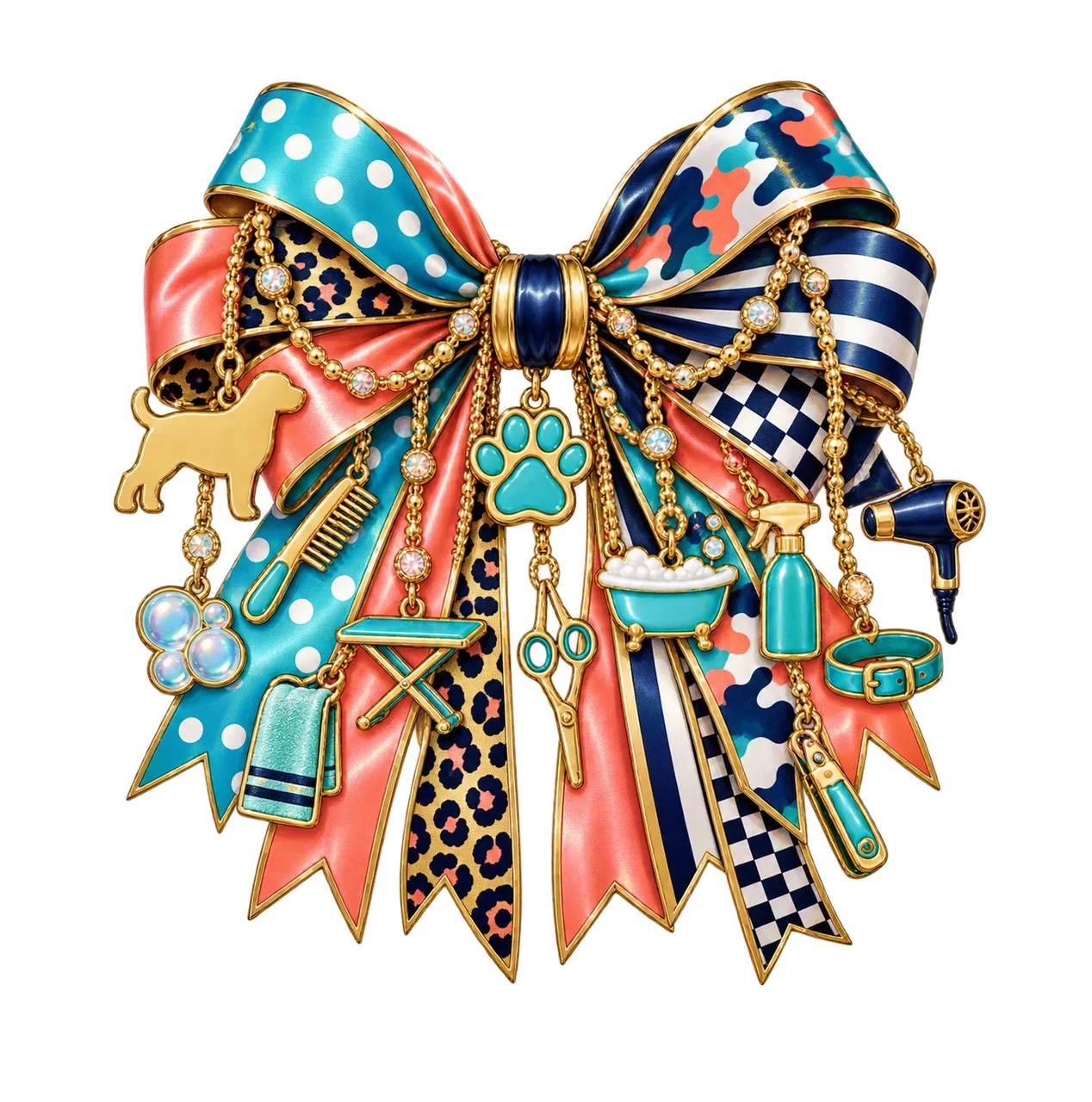 Dog Groomer Bow Charm PNG, Themed Gold Chain Charms, Coquette Ribbon Sublimation Design, Transparent Digital Download