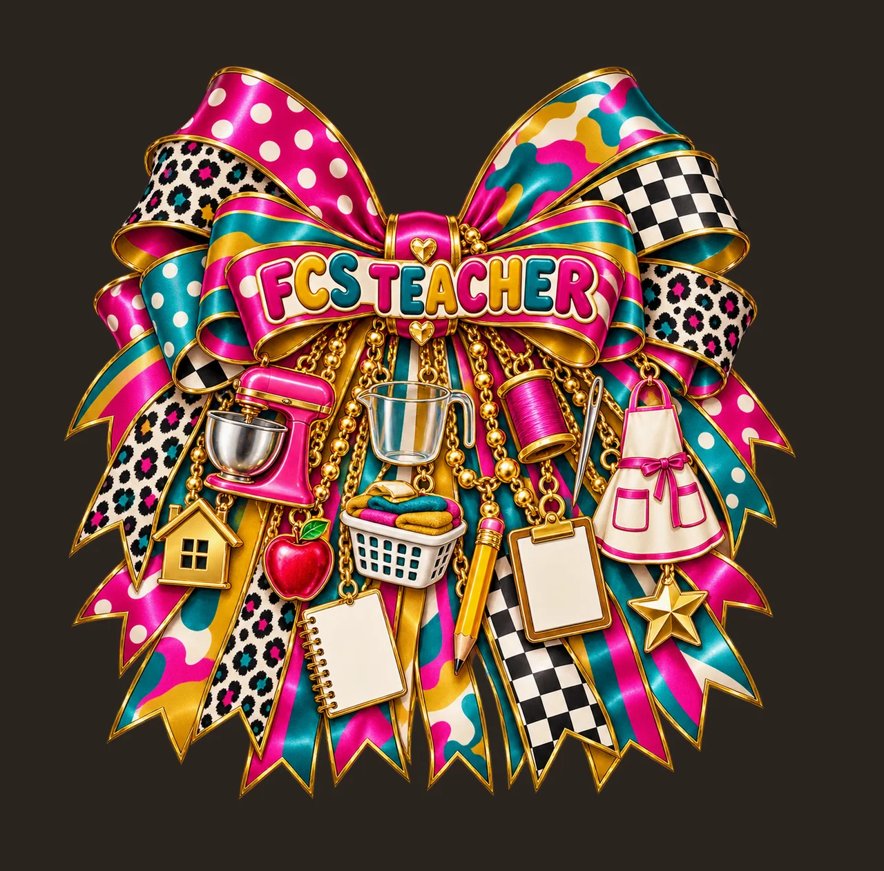 Family and Consumer Sciences Teacher Bow Charm PNG, Gold Chain Charms, Transparent Sublimation Design, Digital Download contrast preview thumbnail