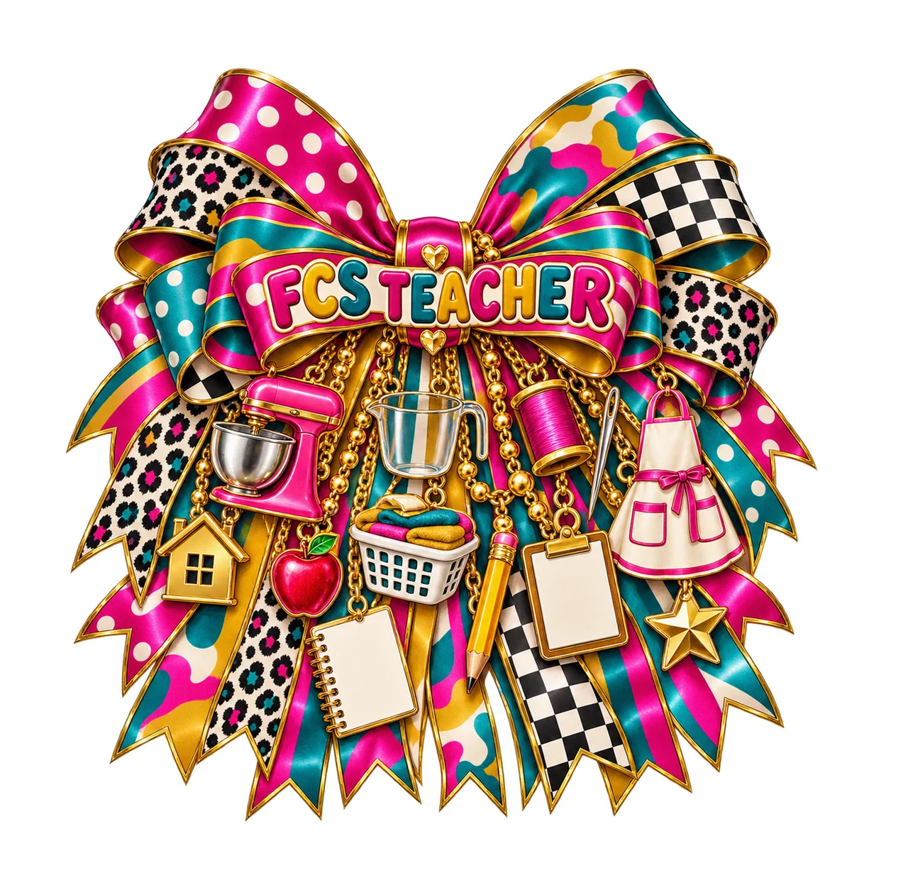 Family and Consumer Sciences Teacher Bow Charm PNG, Gold Chain Charms, Transparent Sublimation Design, Digital Download