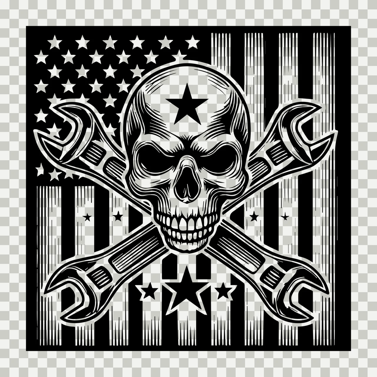 Skull And Wrench Emblem On Flag Crossed wrenches stars stripes transparency and detail preview thumbnail