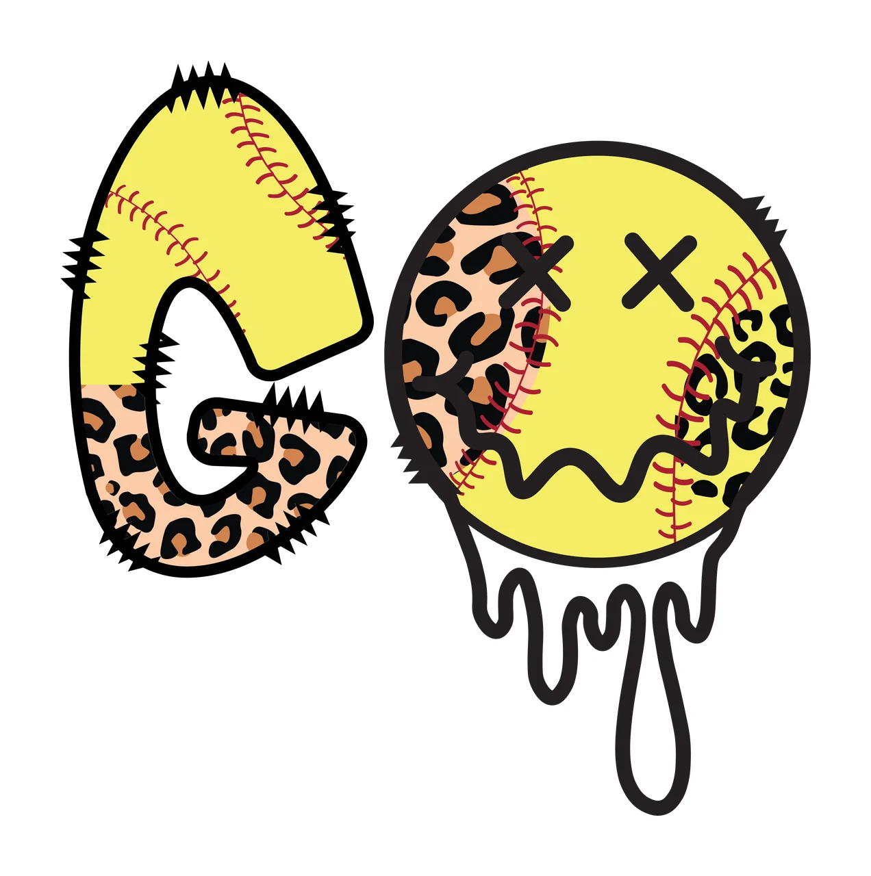 GO softball Design with letter G, leopard print, red stitching and dripping paint in yellow, tan and black
