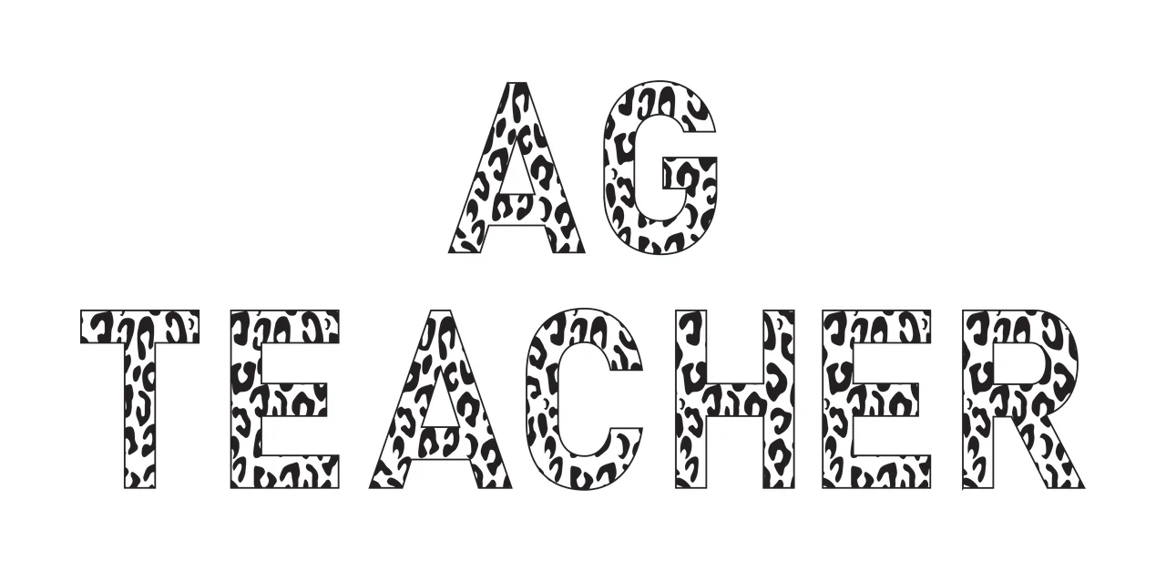 AG TEACHER Typography Design with leopard print pattern, sans-serif letters and black outlines in white