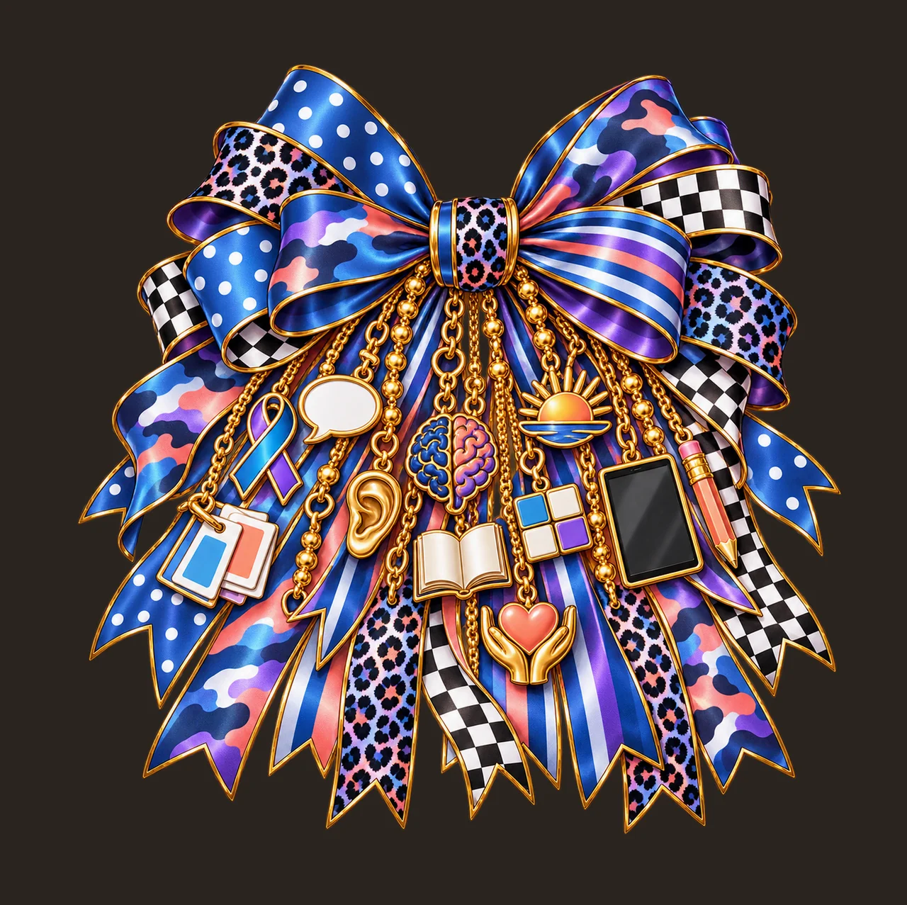Aphasia Awareness Bow Charm PNG, Gold Chain Charms, Transparent Sublimation Design, Digital Download contrast preview thumbnail