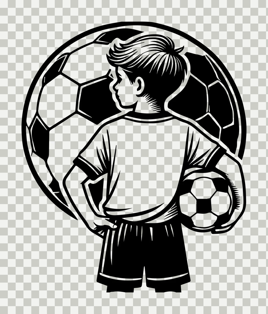 Soccer Ball Child Standing Back linocut black white plain sports transparency and detail preview thumbnail